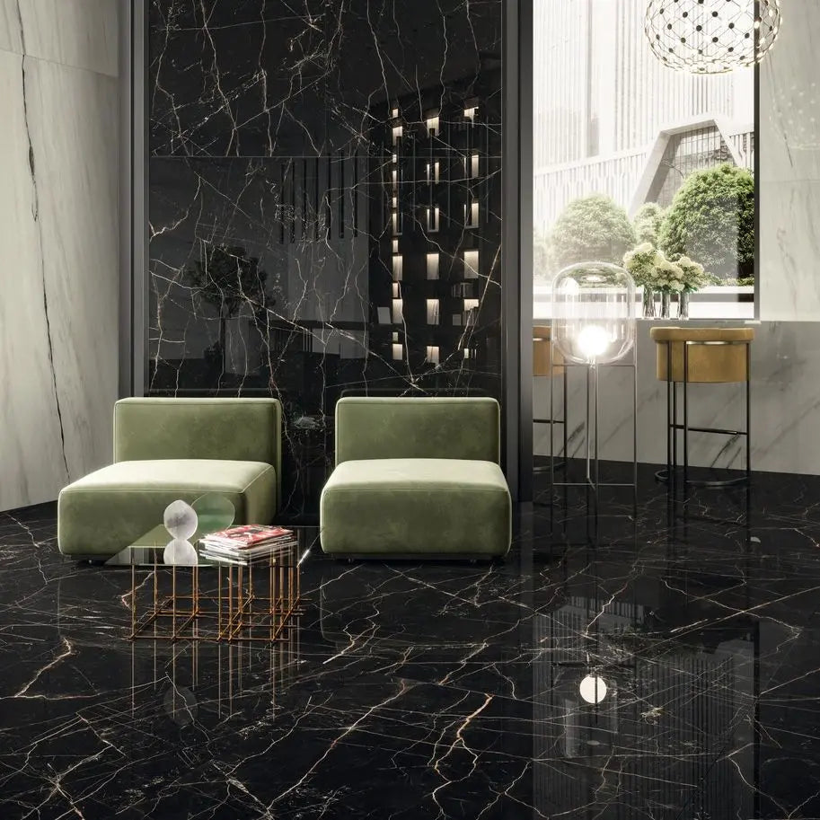 Pavimento in gres porcellanato effetto marmo nero lucido 75x150