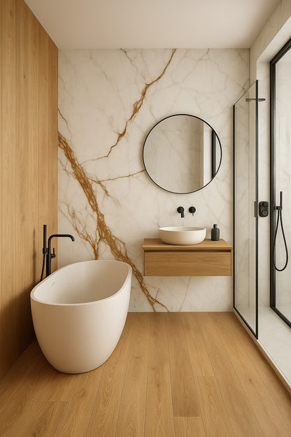 OUTFIT 5- gres legno miele + calacatta oro