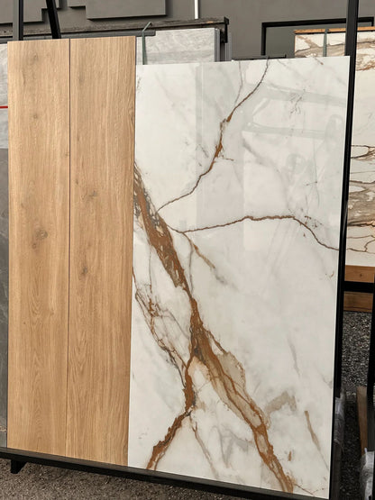 OUTFIT 5- gres legno miele + calacatta oro