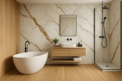 OUTFIT 5- gres legno miele + calacatta oro